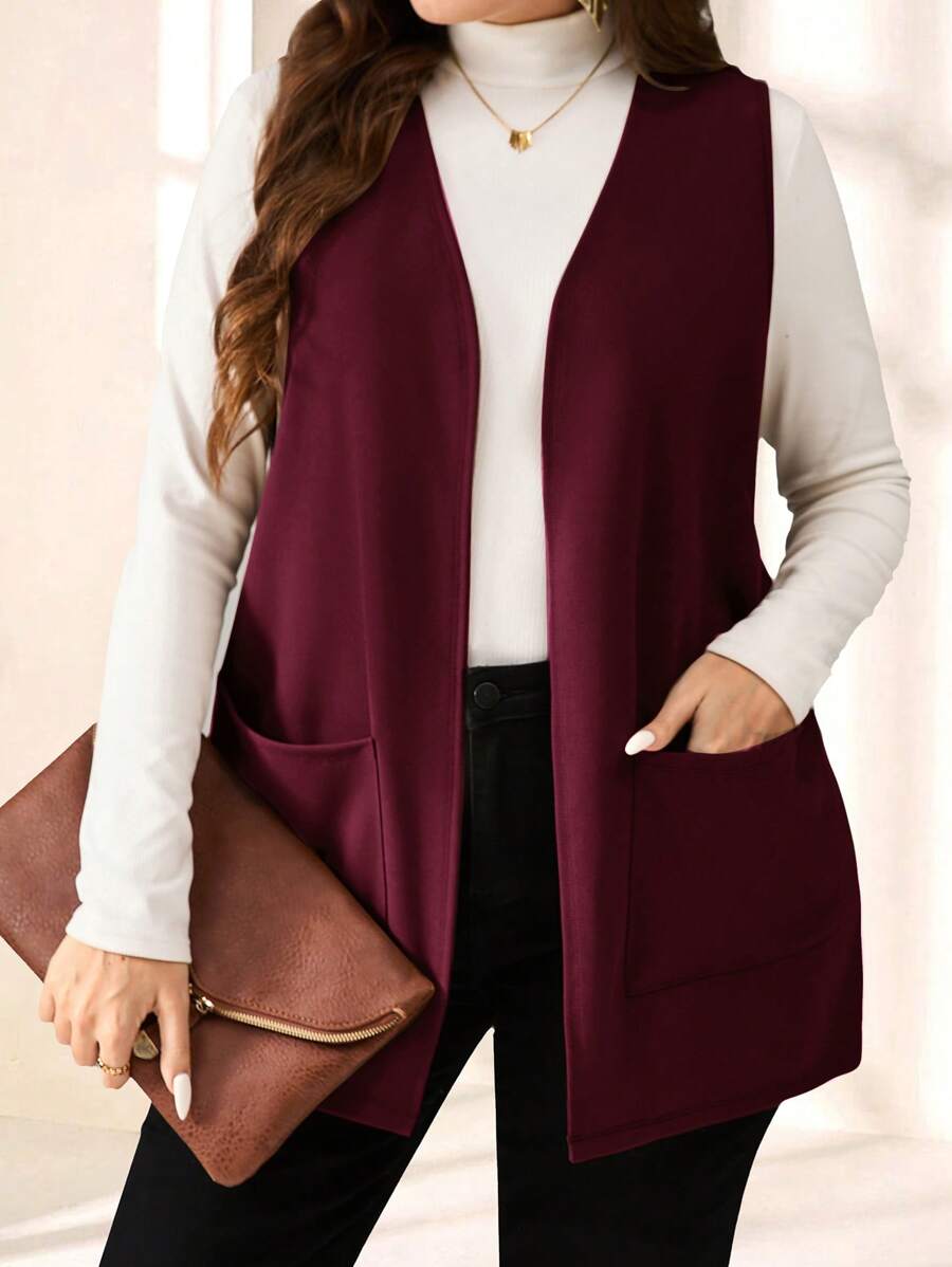 EMERY ROSE Plus Size Jednolity kolor Bez rękawów Luźna kieszeń Prosta swobodna kurtka, Wiosna/Lato
