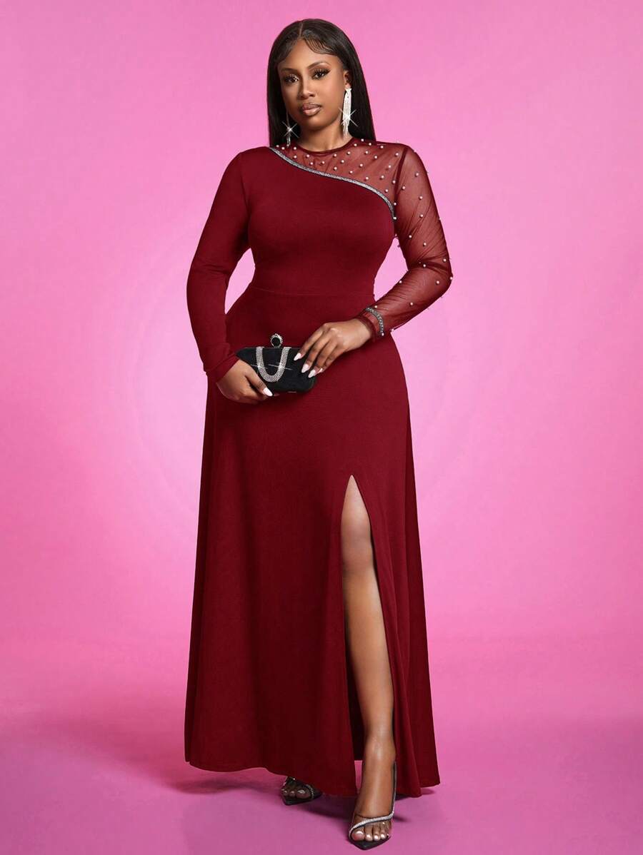 Slaydiva 1 pièce Robe de soirée élégante contrastée à mailles pour femme grande taille, pour l'automne
