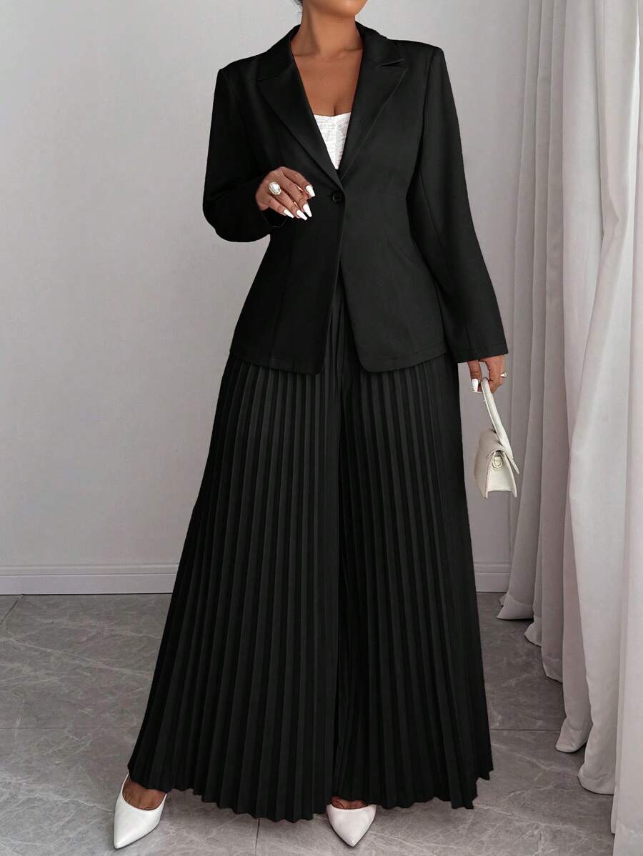 Elenzga Plus Size Solid Color Long Sleeve Striped Pleated Pants Suit Set Graduation,Back To School,Teacher Outfits For Women