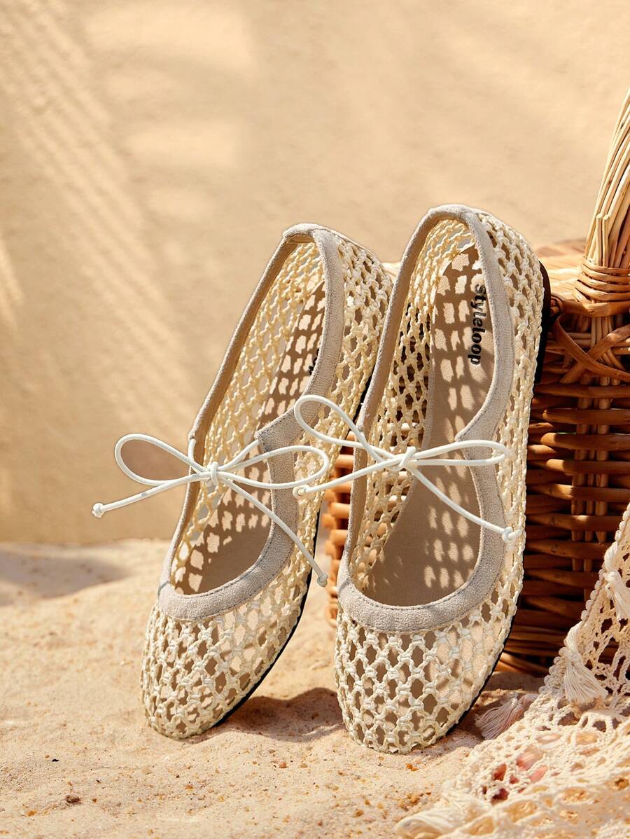 Styleloop Nuevo estilo 2025 Zapatos planos elegantes para mujer cómodos y transpirables con trenzados, decoración de lazo y puntera redonda, para vacaciones