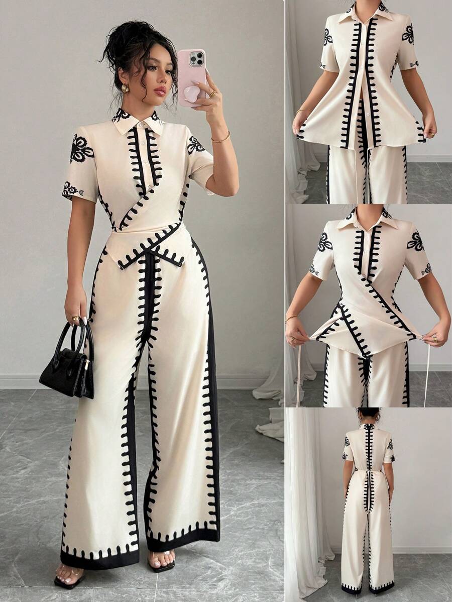 Chiquease Nuovi pantaloni casual da donna, con colletto, allacciatura incrociata, vita elastica, stampa, con gamba ampia