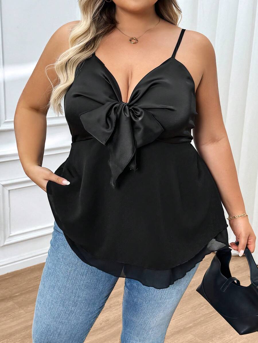 SHEIN CURVE+ Top camiseta con lazo, talla grande, simple y de moda, apropiado para el verano