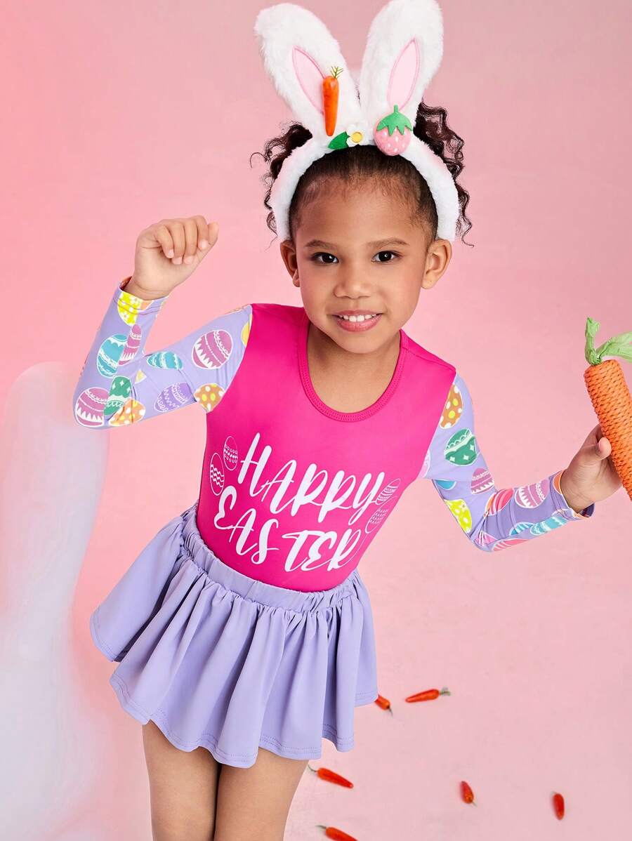 SHEIN Ensemble de 2 pièces pour jeunes filles: body à manches longues avec impression de lettres mignonnes et jupe assortie, motif d'œufs de Pâques peints en couleurs multiples, stretch 4 sens, conception décontractée confortable