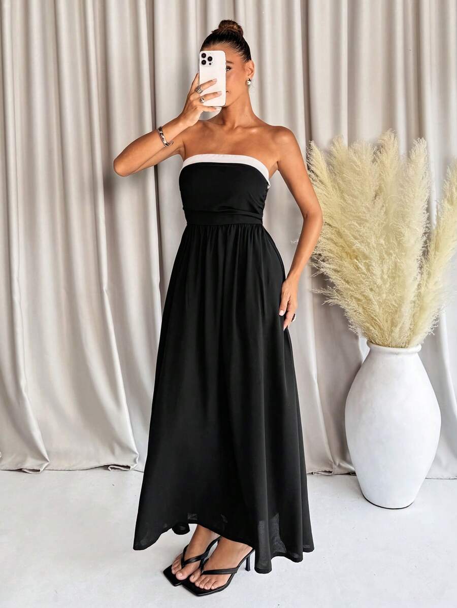 SHEIN Clasi فستان نسائي من نمط A-line بتصميم أنيق بدون أربطة وبألوان متباينة