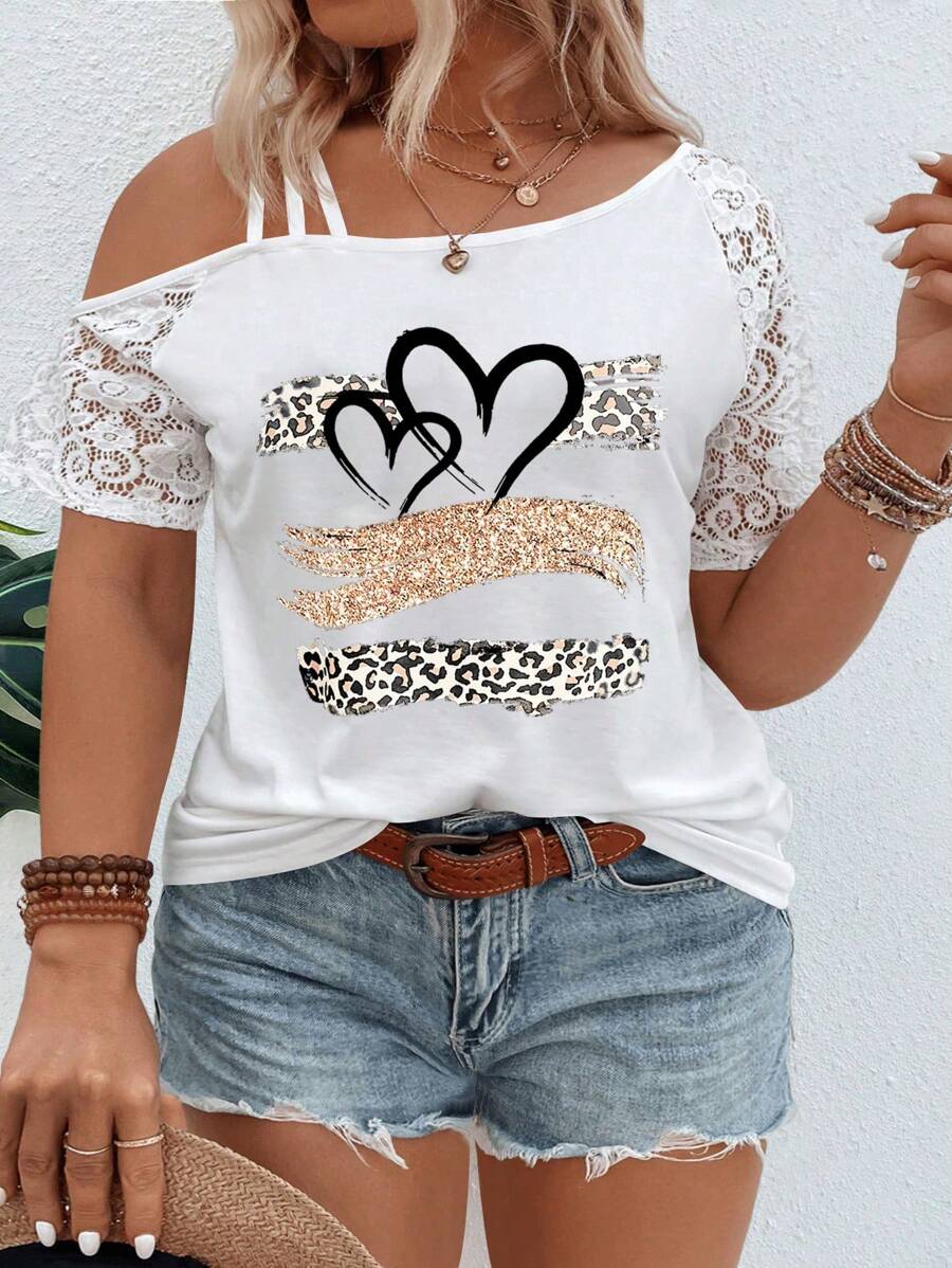 INAWLY Plus Size Asymmetrical Lace Collar Short Sleeve Leopard And Heart Print Casual T-Shirt, Spring/Summer