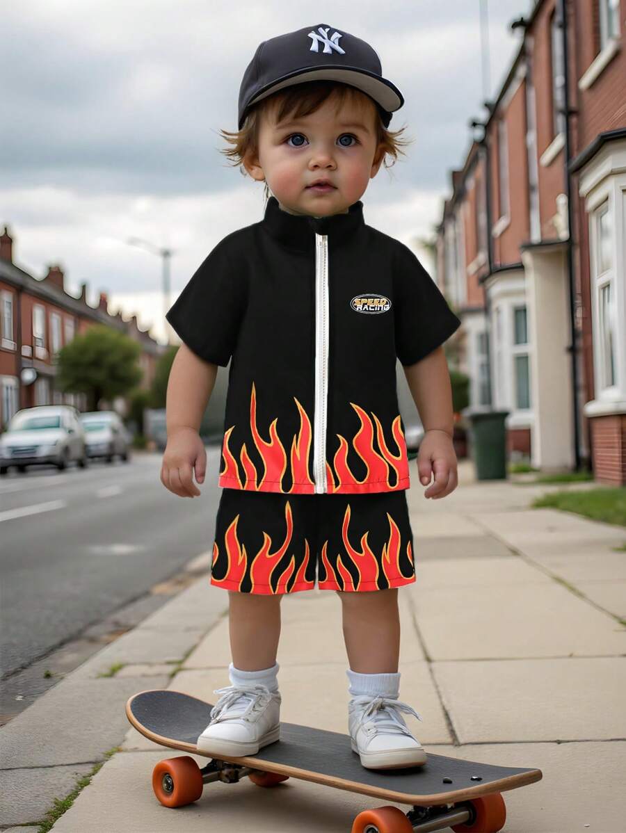 2pcs Baby Boys Summer Casual Cool Flame Print Short Sleeve Zip-Up Jacket And Flame Print Shorts Set, Olive Green, Suitable For Daily Wear, Outdoor Play, School, Vacation - Elegant Style, Fits For Family Leisure, Sports And Party Outfits