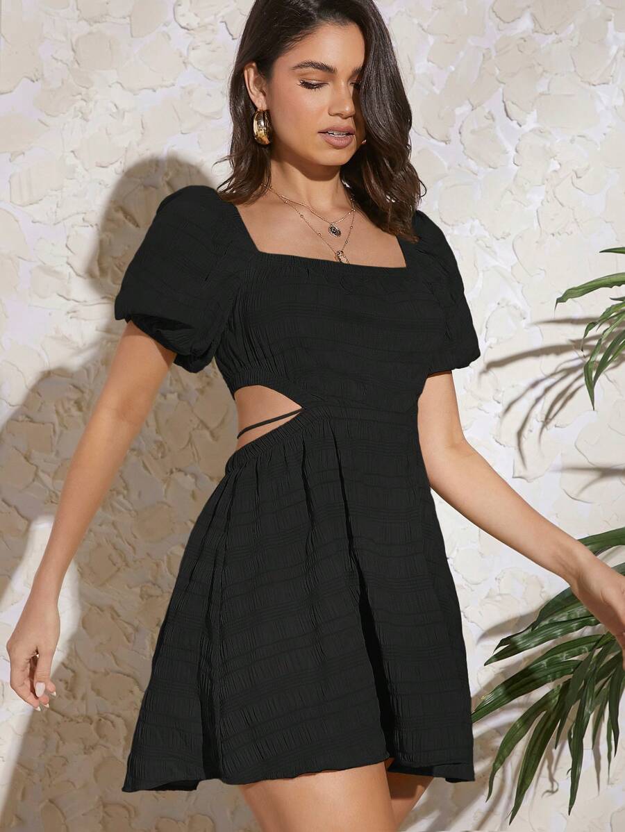 SHEIN VCAY Plus Summer Women Beach Square Neck Puff Sleeve Cut Out Waist Dress