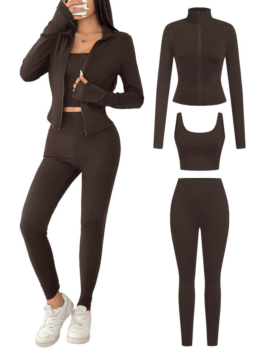 SHEIN EZwear 3 بيس طقم رياضي مُحبك للنساء بالبني
