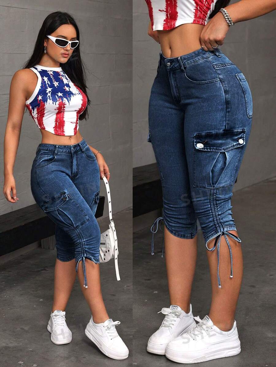 SHEIN ICON Pantalones vaqueros de moda sencilla para mujer, apropiados para el verano