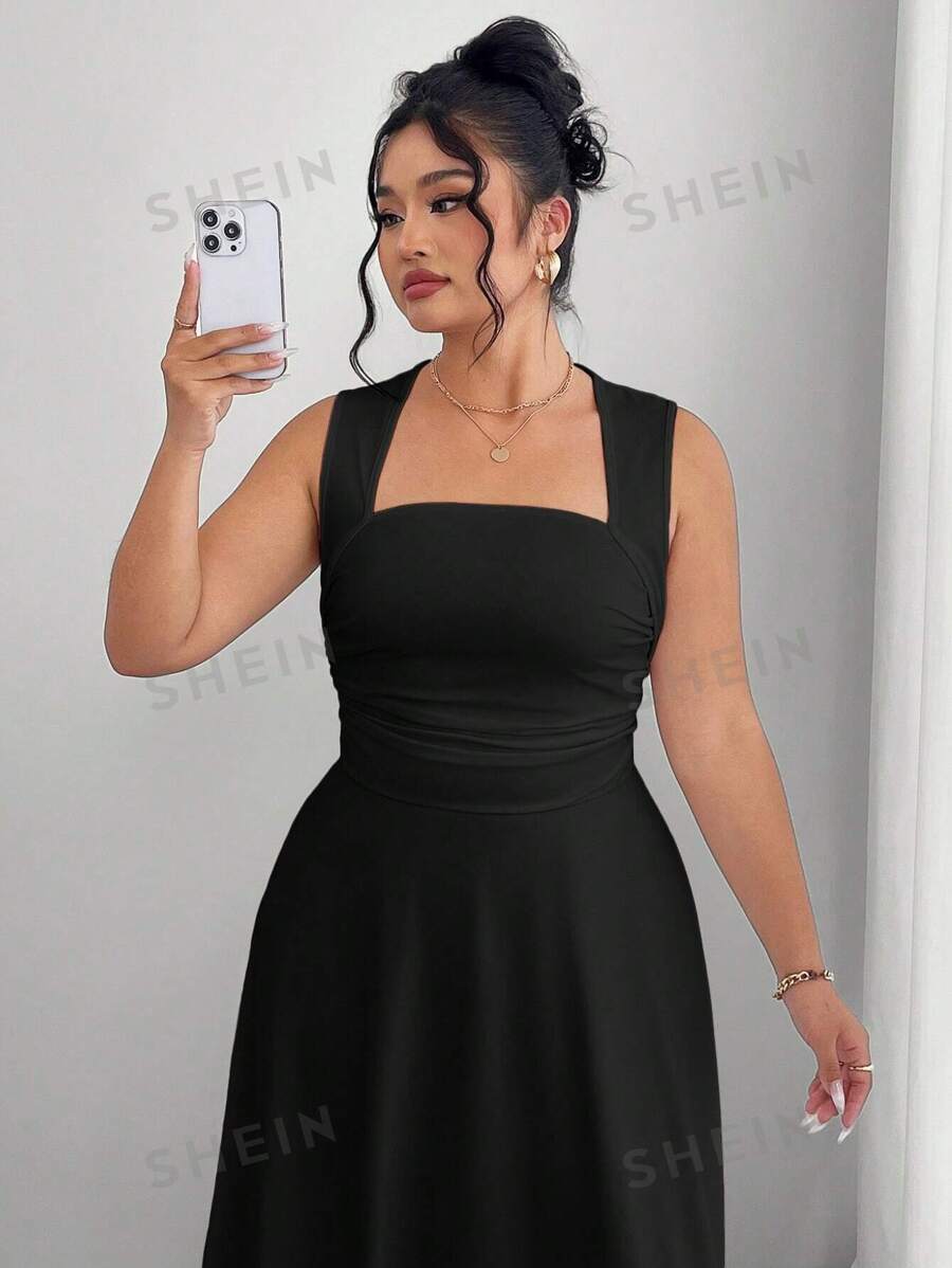 Modelyn Vestido largo de talla grande para mujer con dobladillo plisado lateral, unicolor