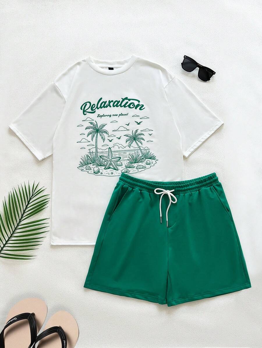 Manfinity VCAY 2pcs Unisex Casual Coconut Tree Island Graphic Loose Short Sleeve T-Shirt & Drawstring Waist Straight Shorts Set, Suitable For Daily Wear, Vacation Clothes
