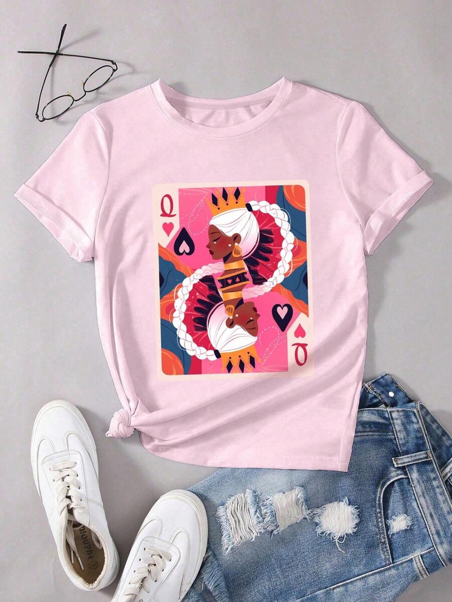 Maweii Queen Of Hearts Art Print T-Shirt, Poker Character Design Print, Red Peach Q, Fun And Creative Gift