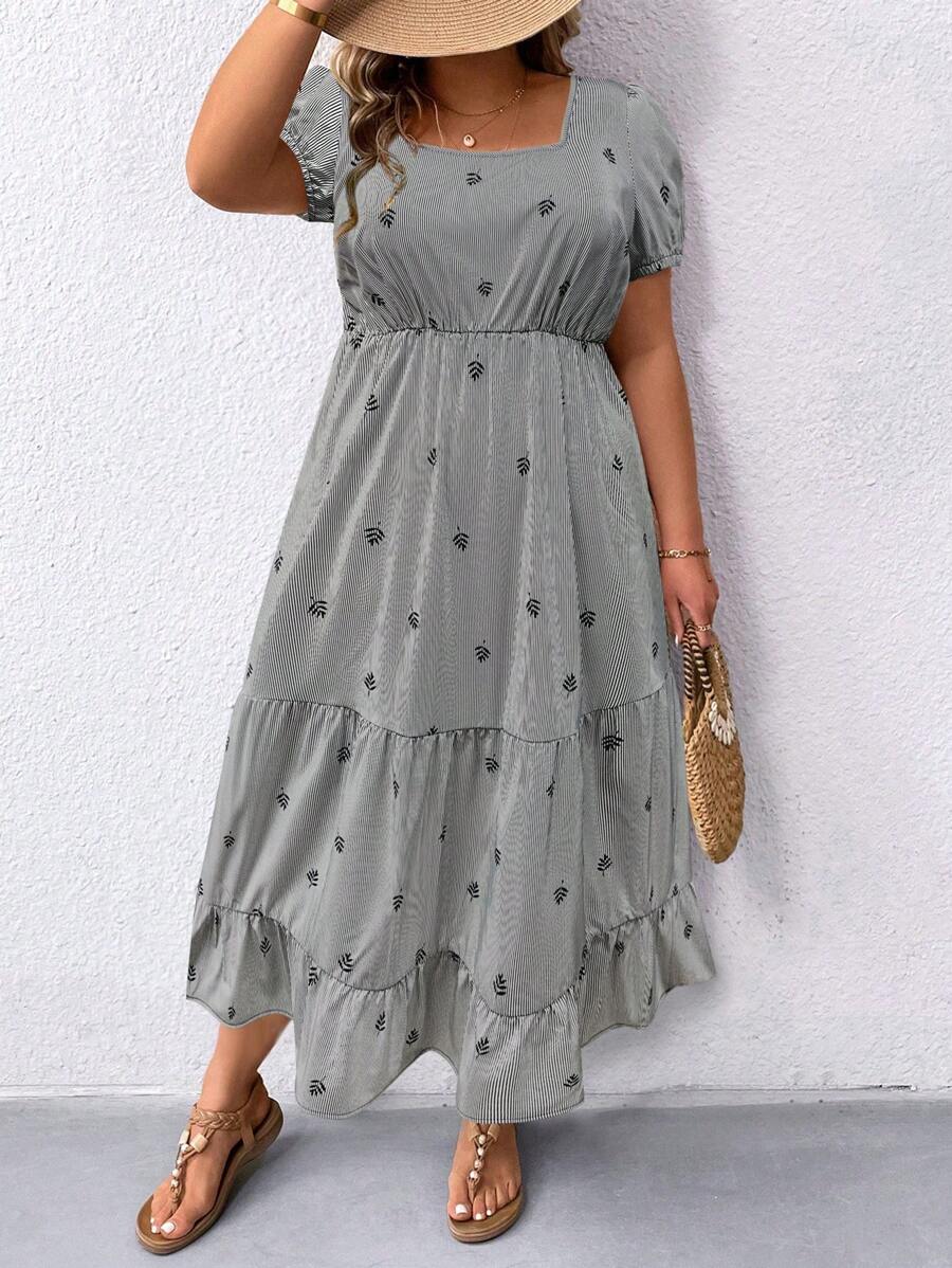 Breezaya Plus Size Women's Floral Print Square Neckline Summer Dress With Cinched Waist Maxi Women Outfit