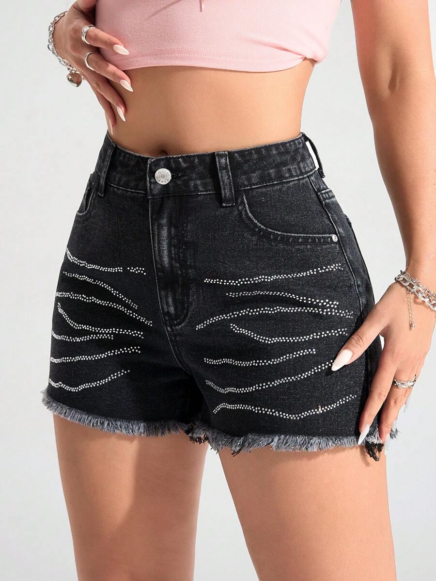 SHEIN EZwear Women's Summer Fashion Rhinestone Frayed Hem Denim Shorts