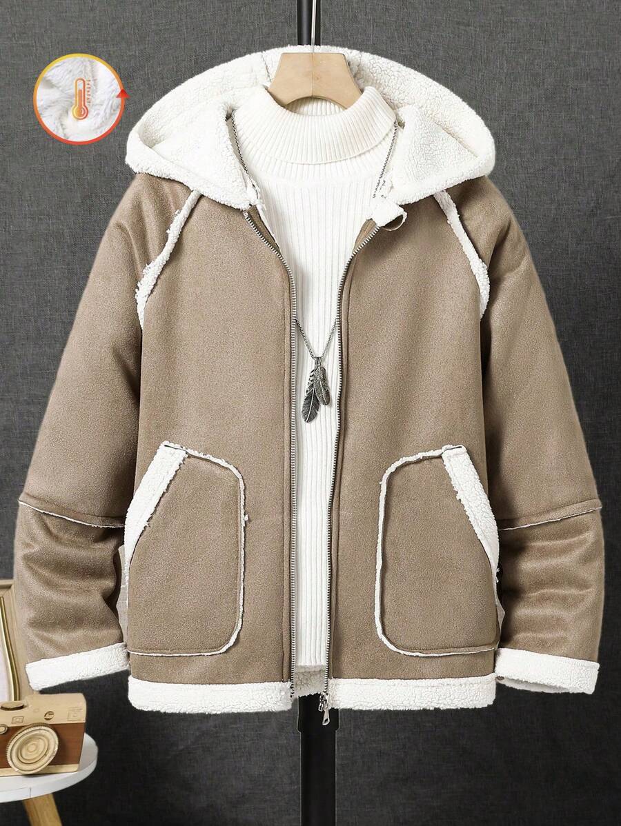 SHEIN Tween-Jungen Flauschige Lässig jacke mit Kontrastfarbblock und linearer Kapuze in Weiß