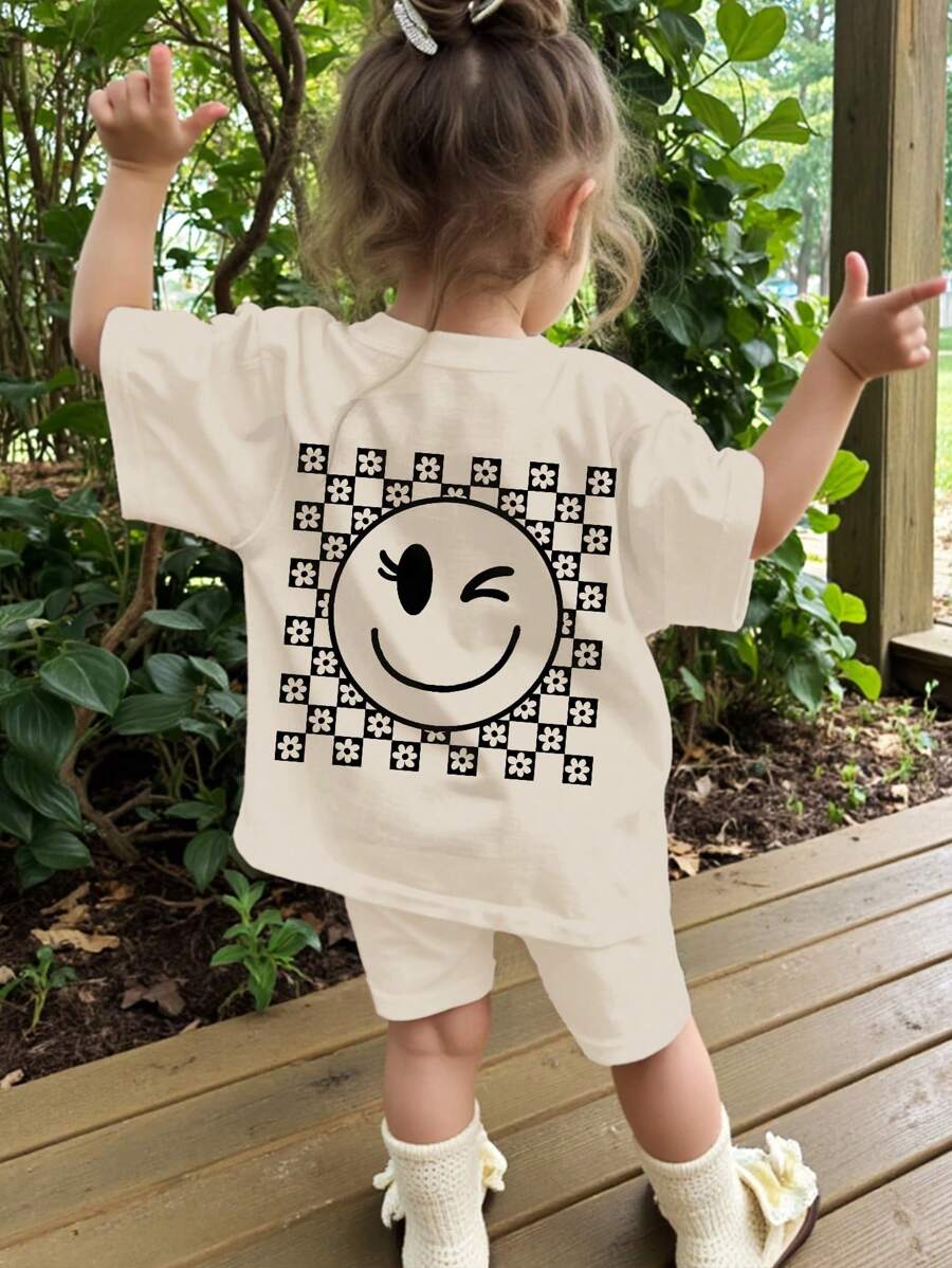 SHEIN Baby Girl Casual Minimalist Short Sleeve Shorts Set, Suitable For Summer