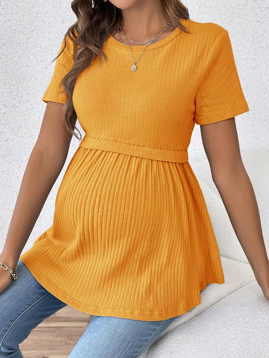 SHEIN Elegant Romantic Gender Reveal Party Round Neck Short Sleeve Fitted Maternity T-Shirt