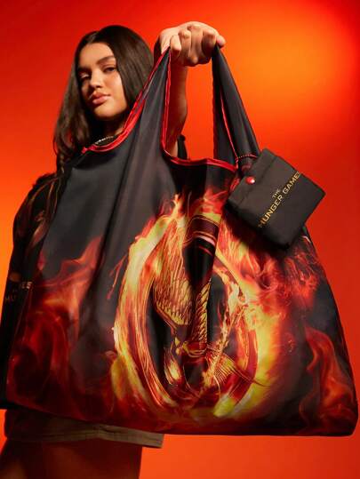 The Hunger Games X SHEIN Graphic Pattern Printed Foldable Shopping Bag, Tote Bag, Includes A Compact Storage Pouch With A Beaded Chain, Can Be Hung On The Bag