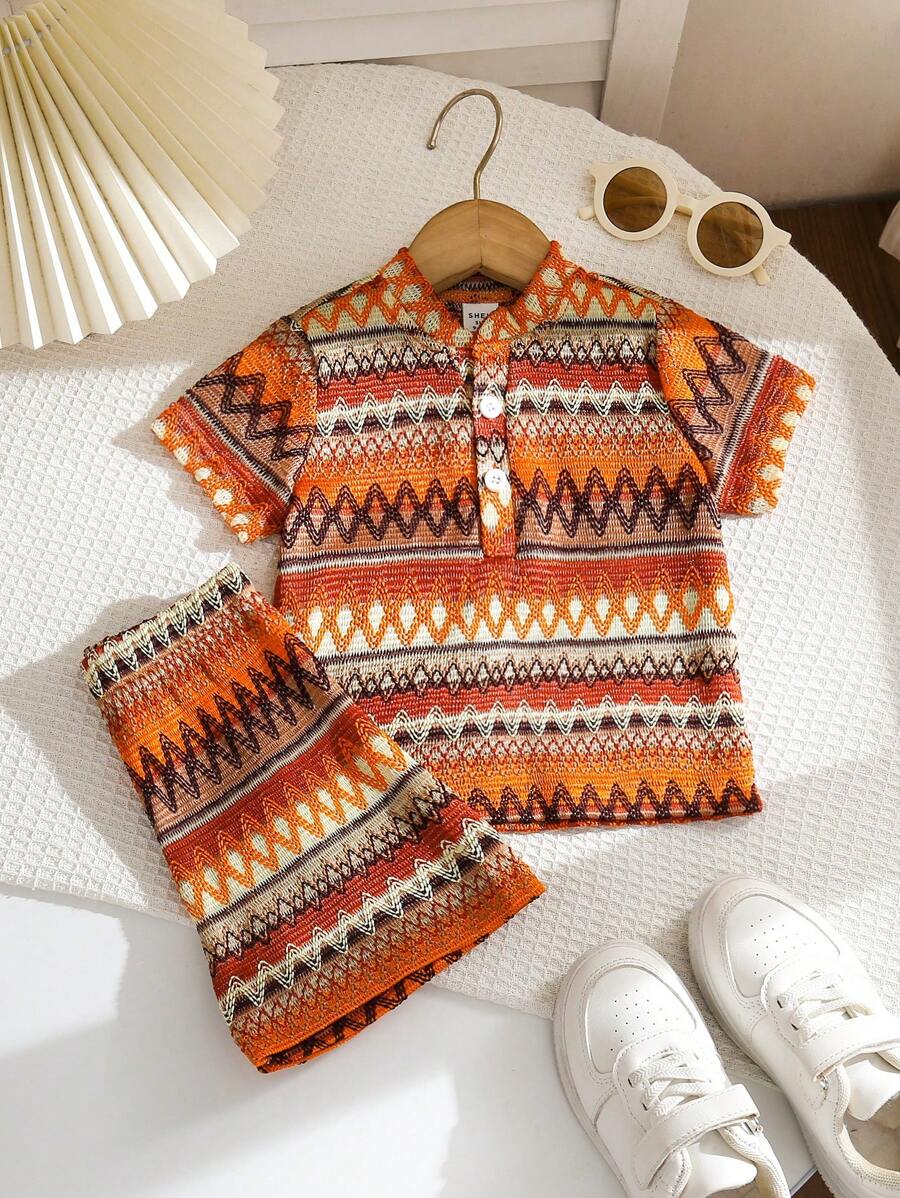 Set de 2 piezas para niños bebés: Camisa superior con cuello mao y botones, estampado geométrico bohemio, y shorts de cintura elástica, outfit casual de verano