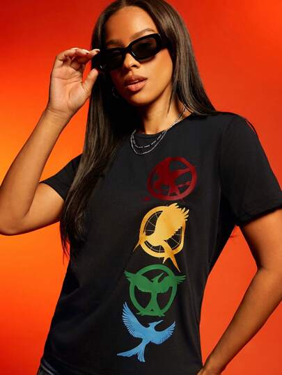 The Hunger Games X SHEIN Women Casual Loose Crew Neck Short Sleeve T-Shirt, Suitable For Summer