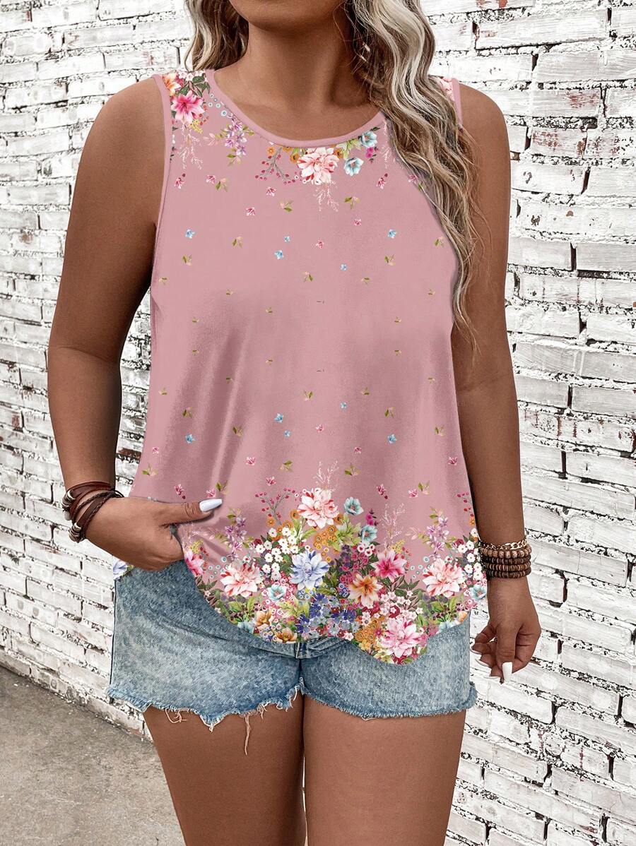 EMERY ROSE Casual Minimalist Resort Floral Ombre Print Plus Size Camisole & Tank Top, Suitable For Summer