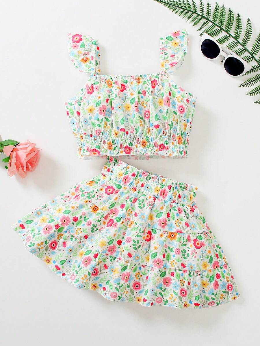SHEIN Conjunto de 2 piezas de blusa de manga corta con estampado floral y falda para niña