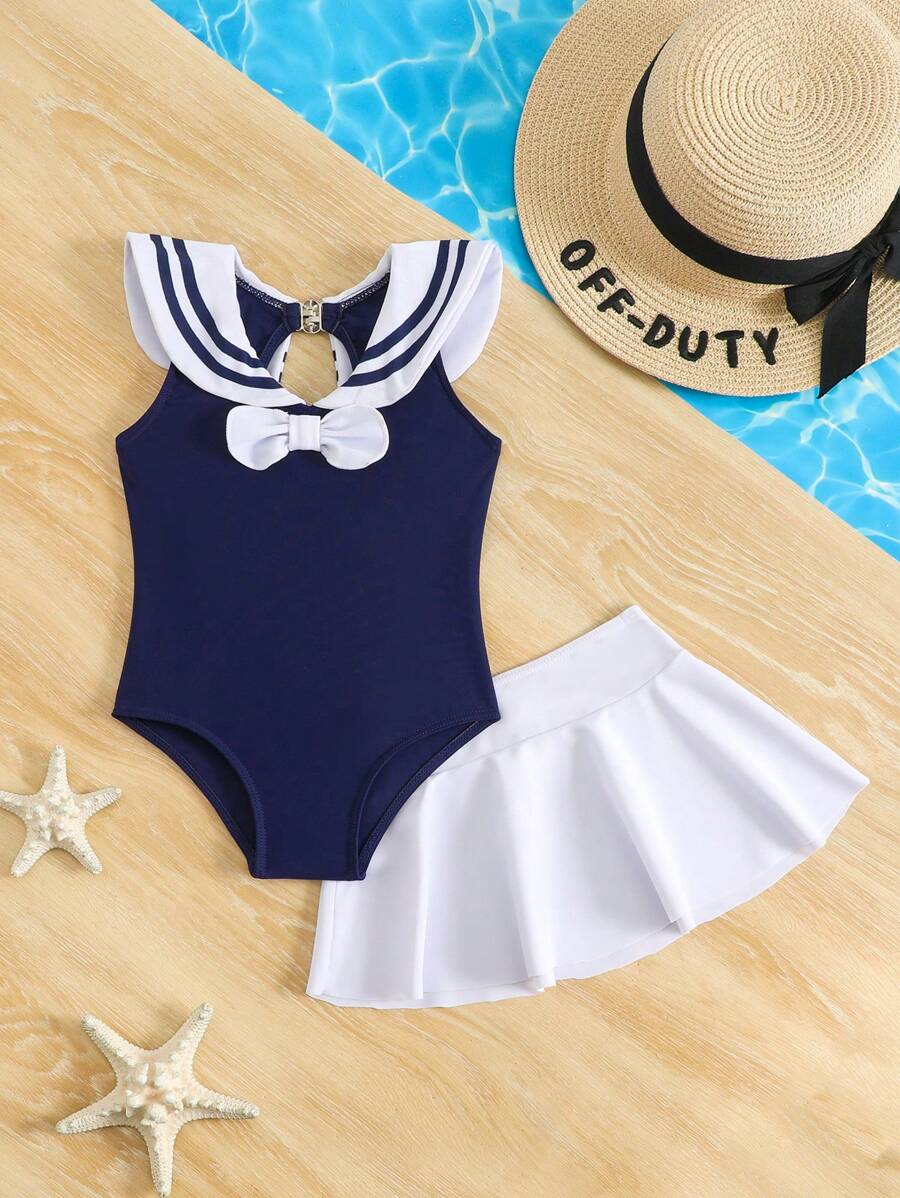 SHEIN Conjunto de traje de baño y falda a juego con cuello de marinero a rayas para bebé niña