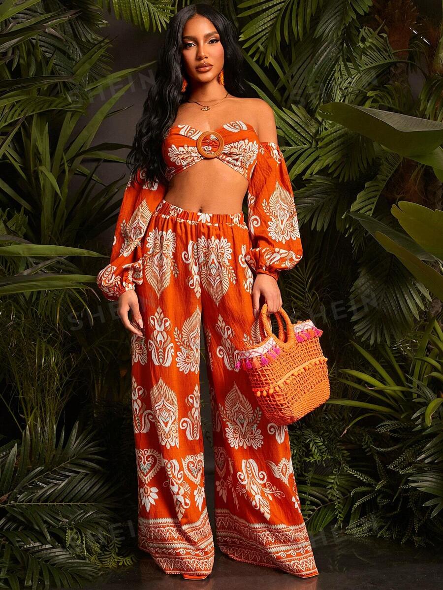 SHEIN SXY Set de 2 piezas de top corto de manga de farol con hombros descubiertos y estampado total, y pantalones largos para mujer para vacaciones