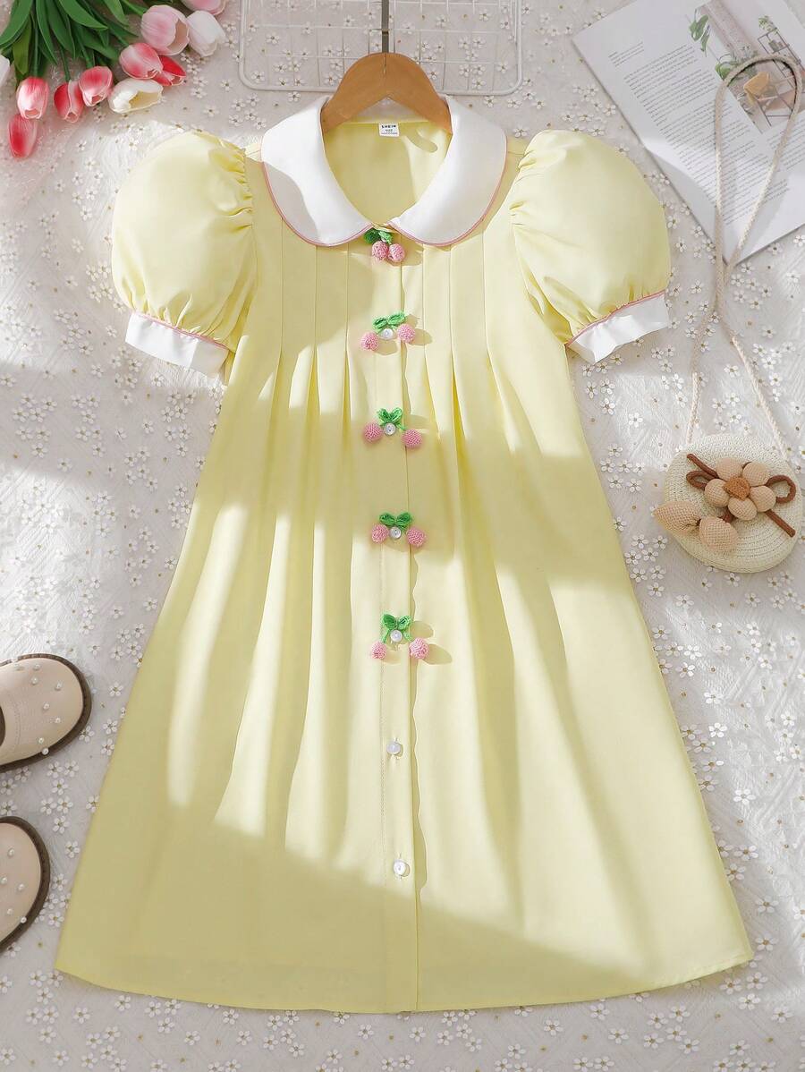 SHEIN Vestido elegante amarillo de moda para niña preadolescente, perfecto para vacaciones, verano y viajes