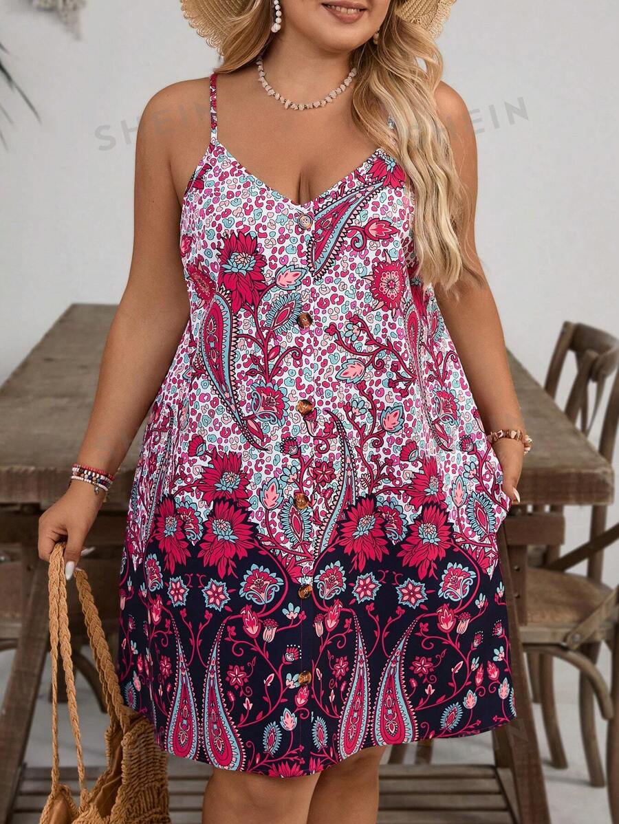 SHEIN VCAY Vestido casual de talla grande con estampado floral y sin mangas para vacaciones