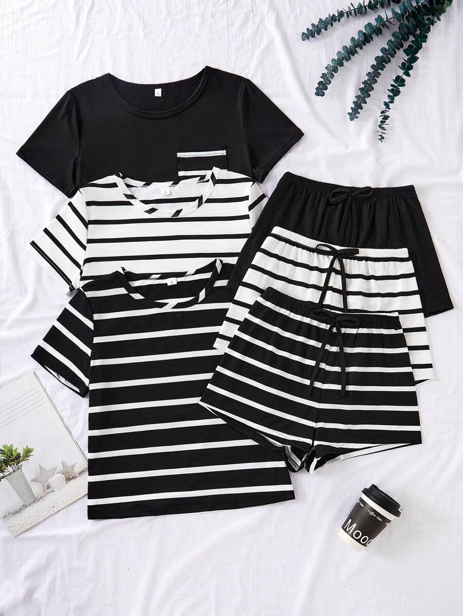 Shein Underwear&Sleepwear Basics 3-Piece Stripe Casual Short Sleeve Top And Shorts Women Pajama Set