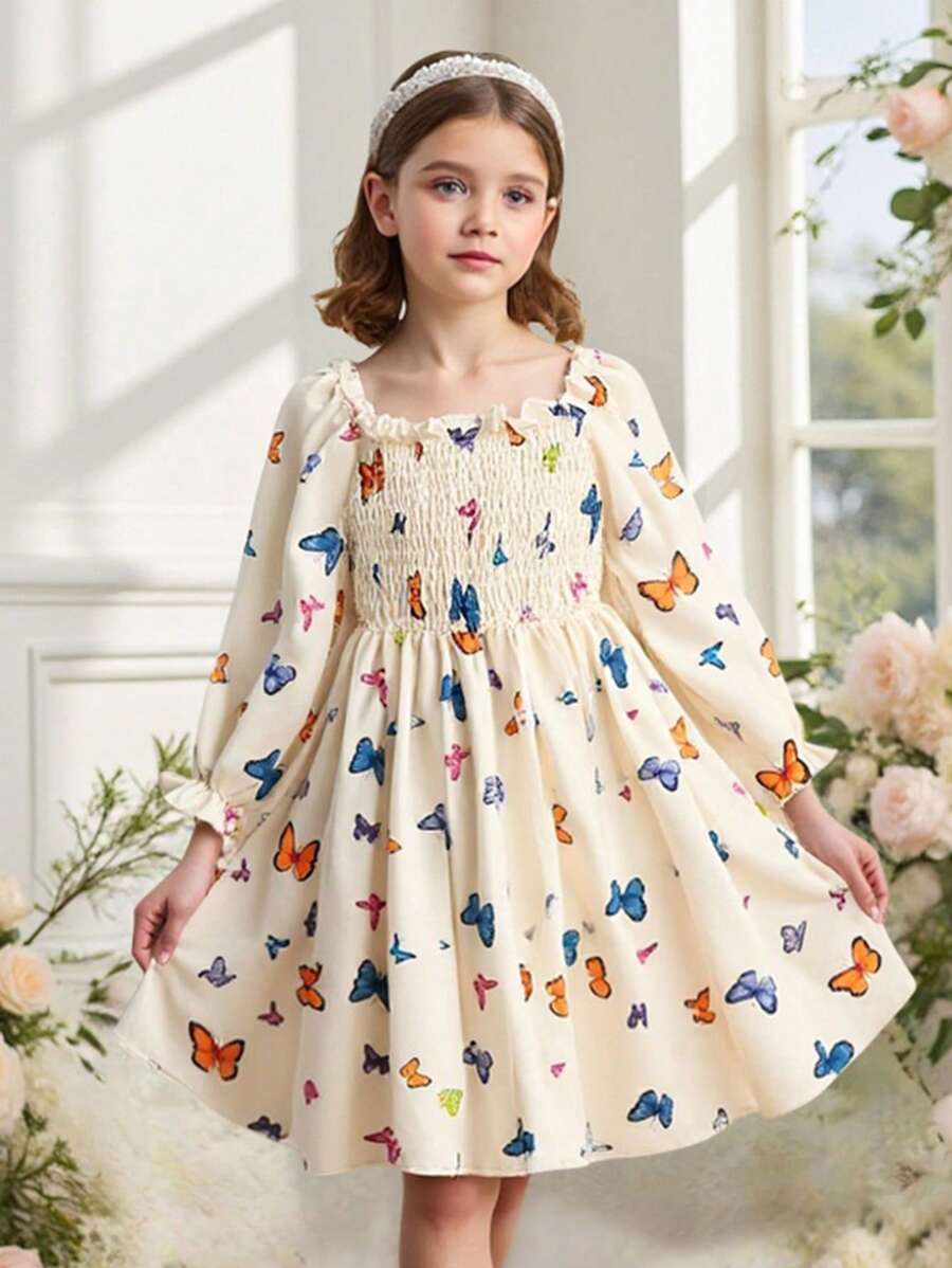 ¡Recién lanzado! Vestido de largo medio para niñas preadolescentes. Tiene una estampa digital de mariposa, una silueta ceñida, mangas largas y un cuello cuadrado. Cómodo, elegante, dulce y lindo, es imprescindible para el uso diario y las salidas.
