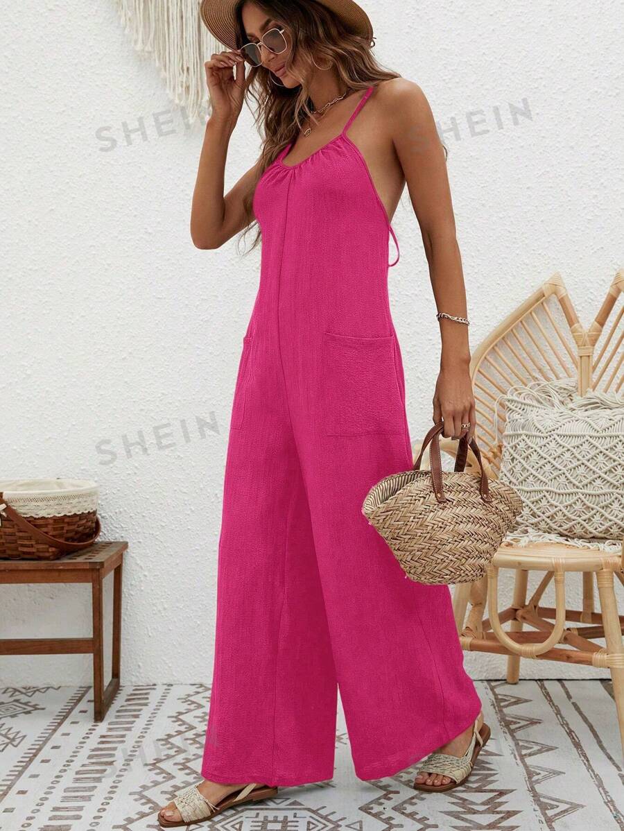SHEIN VCAY Mono de verano de pierna ancha con doble bolsillo y tirantes