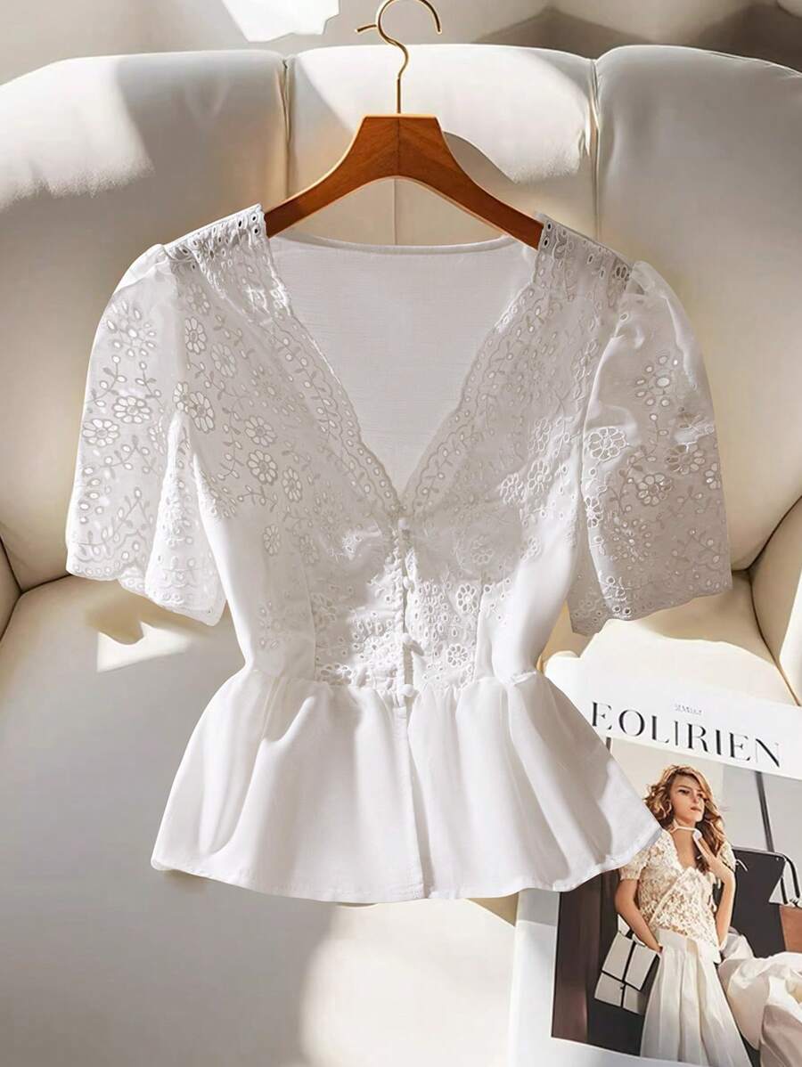 Chiquease Waist-Cinched V-Neck Plain Embroidered Beige Short Sleeve Women Blouse, Spring/Summer