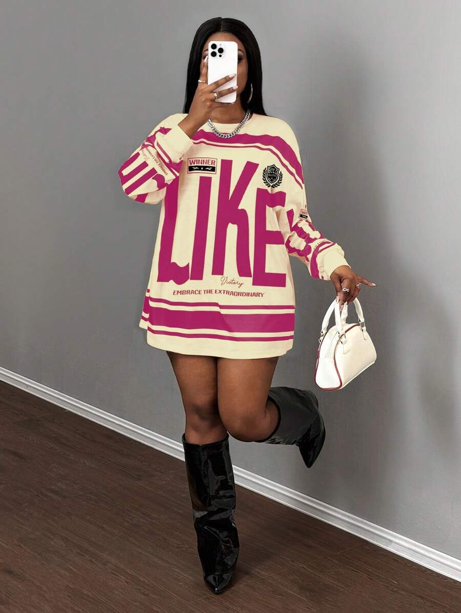 Slaydiva Casual Loose Fit Round Neck Long Sleeve Plus Size T-Shirt, Suitable For Summer