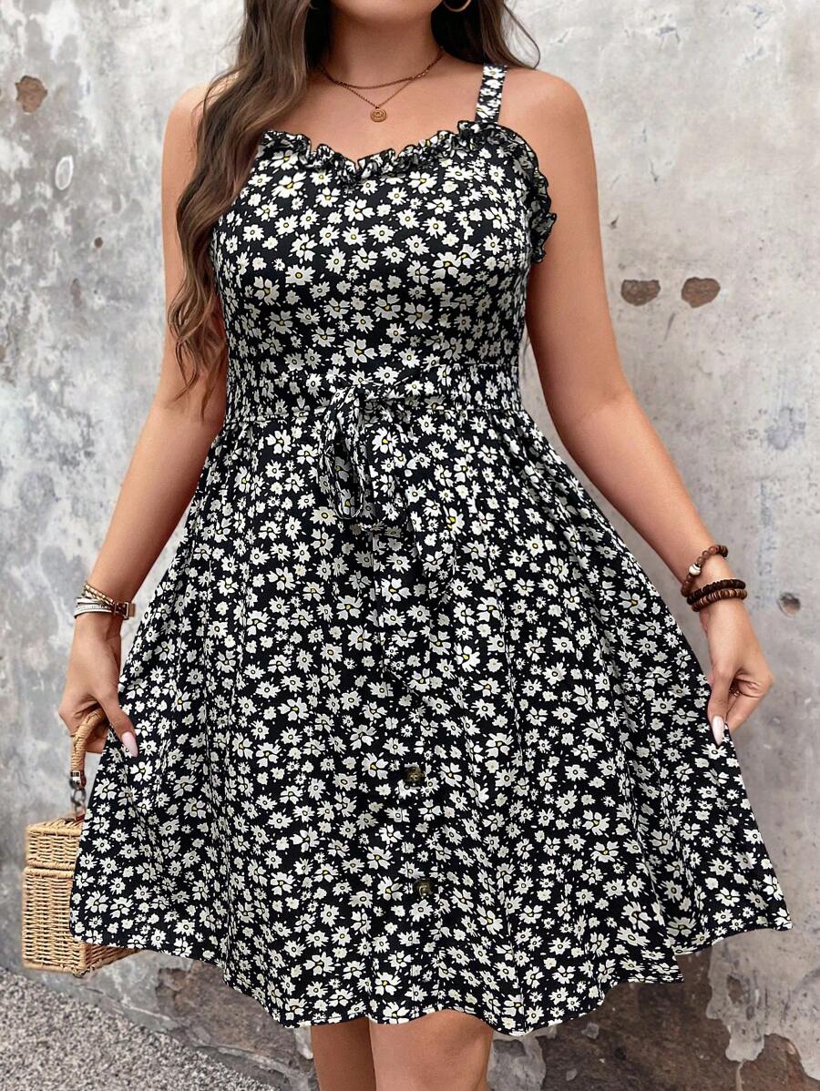 Breezaya Plus Size Women's Polka Dot Printed Spaghetti Strap Dress For New Year Clothes