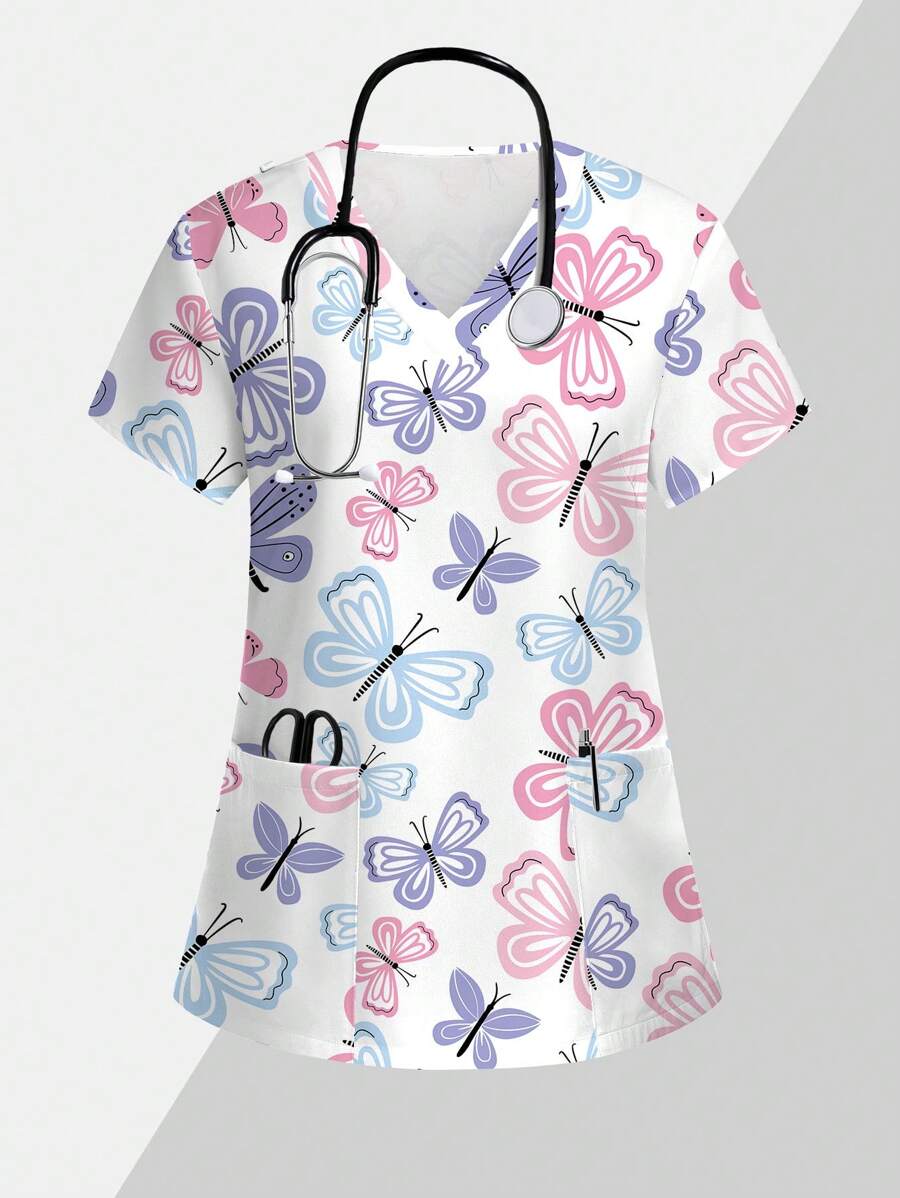 PopScrub Cute Cartoon Colored Butterfly Print Scrub Uniform Top Print V Neck Frosted Scrub Top, Casual Short Sleeve Work Wear, Women Sweetheart V-Neck Ruched Blouse, Women Short Sleeve V-Neck Nurse Uniform Shirt With 2 Pockets, Soft Stretchy Ruched Graphic Tee V-Neck Short Sleeve Blouse For Lady Wear Women's V-Neck Short Sleeve Double Pocket Cute Cartoon Animal Pink Heart Rabbit Print Simple Nurse Uniform Set/Doctor Work Uniform Set/ Examination & Surgery Uniform Set/Solid Color Pet Grooming Work Uniform Set/Nutritionist Work Uniform Short Sleeve Set/Functional Multi-Pocket Lab Work Uniform Top