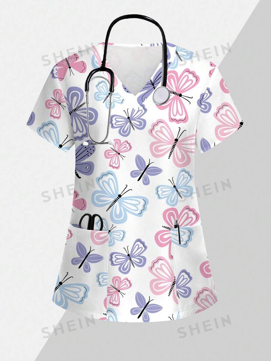 PopScrub Drăguț de desene animate colorate fluturi imprimat scrub uniforme top