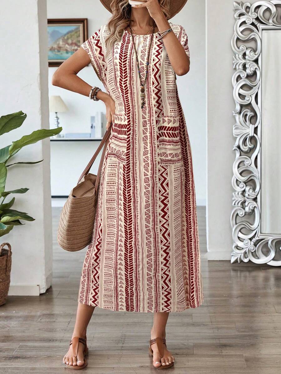 EMERY ROSE Women's Vacation Geometric Print Round Neck Batwing Short Sleeve Dress