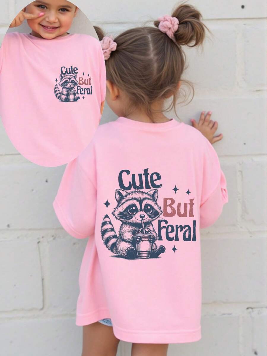SHEIN GraphicGems Casual schattig wasbeer- en slogan-bedrukt T-shirt met korte mouwen voor jonge meisjes, mode en comfortabel voor de lente/zomer