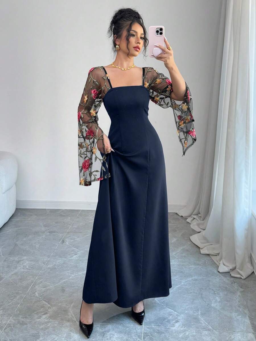 Elenzga Abito lungo attilliato da donna con vita aderente, patchwork in rete e ricamo a rose senza spalline