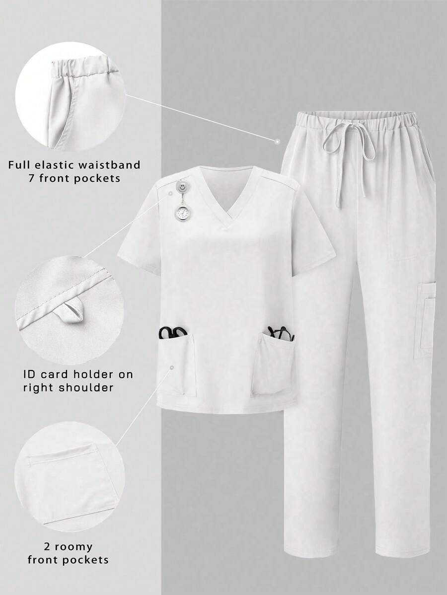 TaskEZ Conjunto Uniforme de Verão Simples de Manga Curta com Bolso na Parte Superior e Calça, Conjuntos de Scrubs