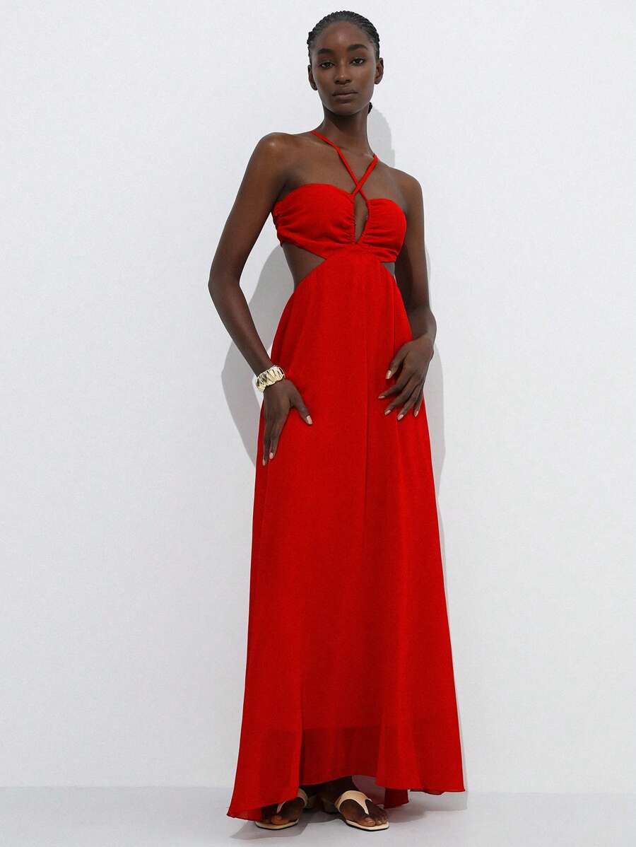 Aveloria Modichic Abito in chiffon rosso con schienale scoperto e senza maniche