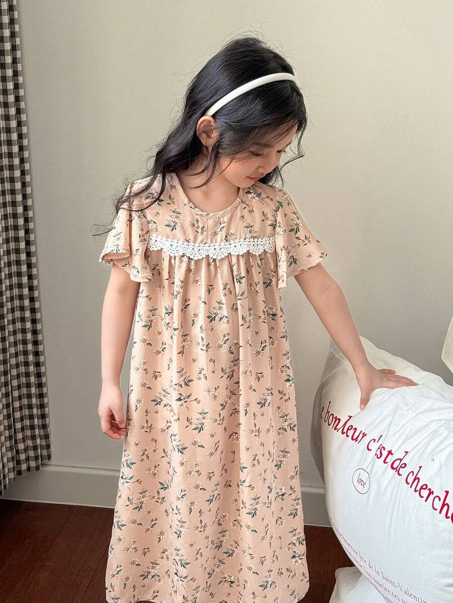 Zikori Zikori Vestido holgado para el hogar con cuello redondo, estilo coreano simple, de tejido suelto con bordado floral ditsy y ribete de encaje, para chica joven