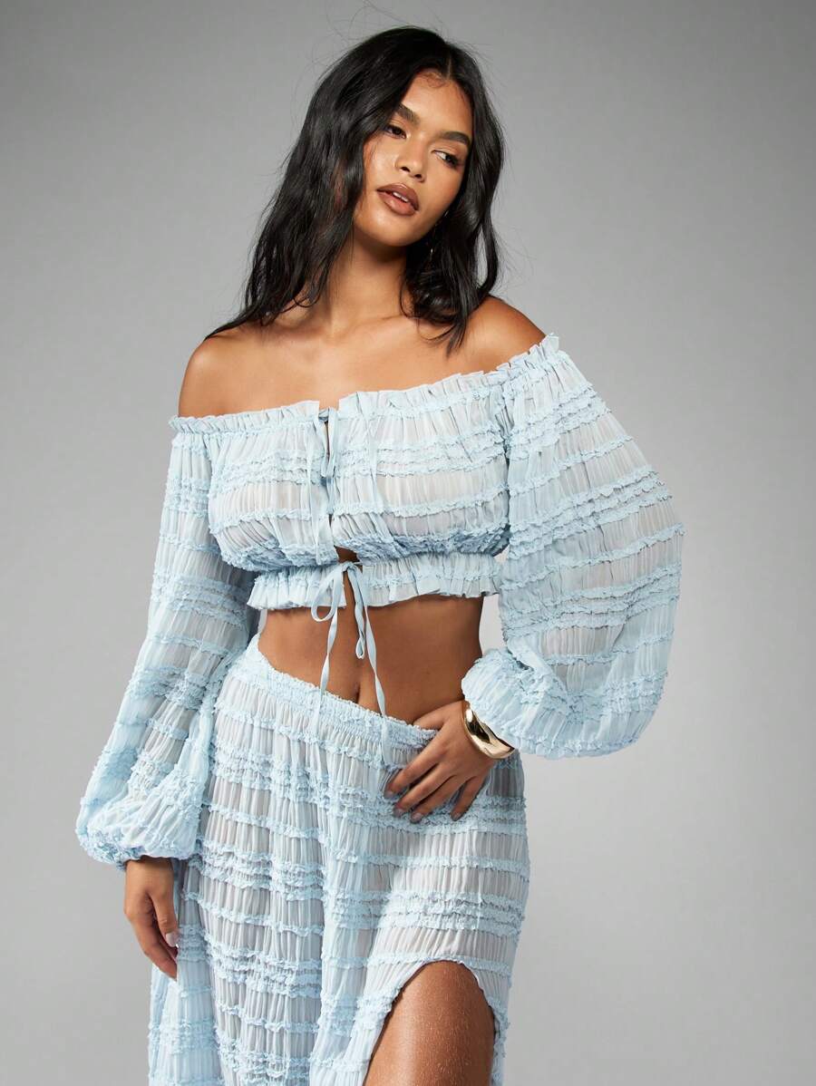 MISSGUIDED Off Shoulder Ruched Crop Top Balloon Sleeve Summer Spring Beach Boho Festival Peasant Blouse Shirred Elastic Ruffle Party Evening