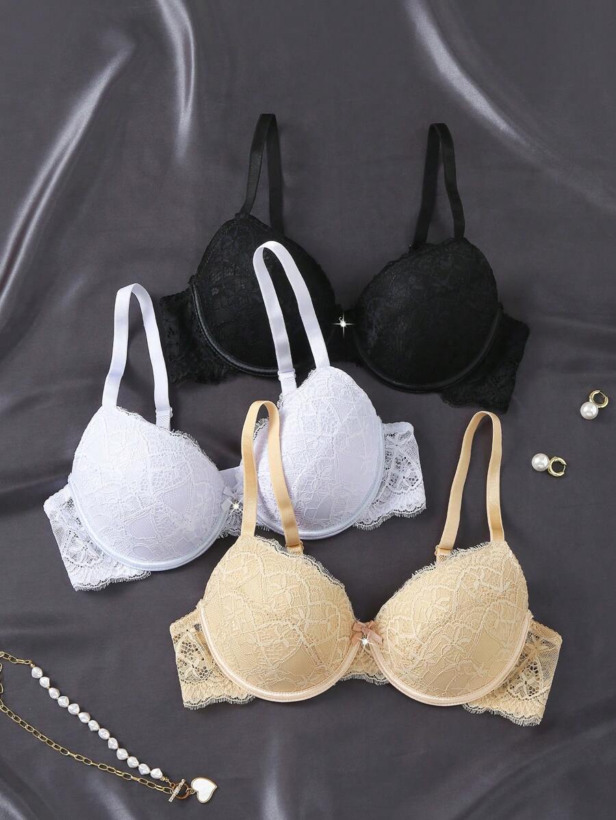 Shein Underwear&Sleepwear Basics Set de 3 sostenes de lencería ajustables con aros, de estilo romántico, minimalista y sexy para mujer