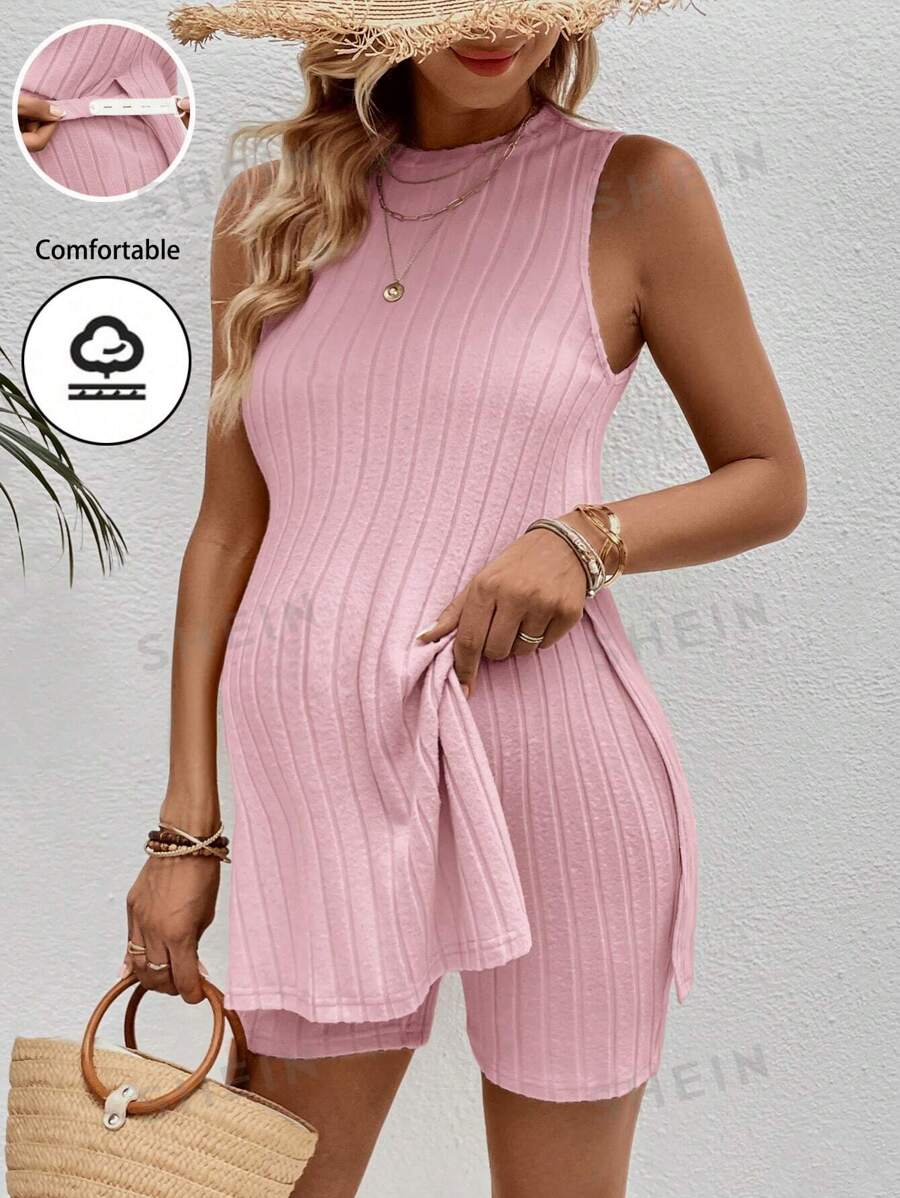 SHEIN Conjunto de 2 piezas de vestido de embarazo informal de unicolor con abertura lateral y shorts