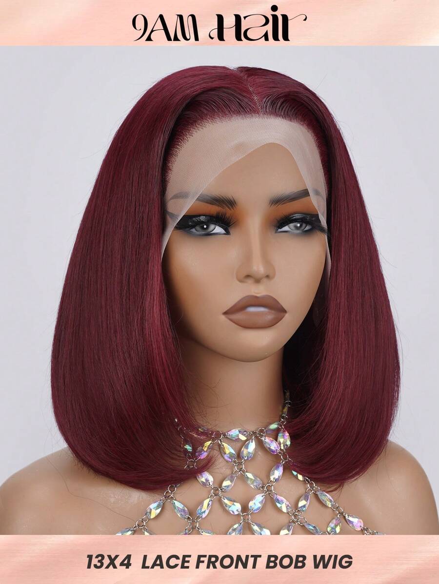 Peluca de cabello humano con frente de encaje transparente color borgoña, 180% de densidad, rojo 99J, cabello liso, frontal de encaje 13x4, para mujeres, estilo bob corto