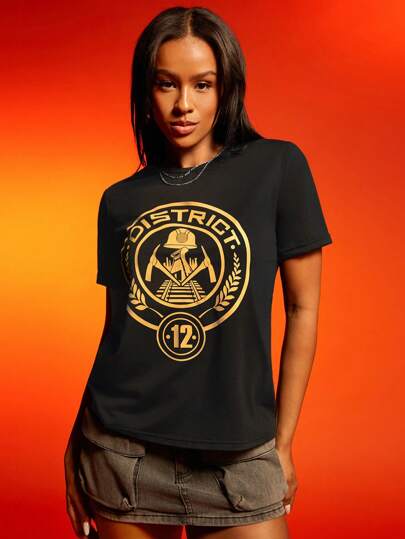 The Hunger Games X SHEIN Women Casual Loose Round Neck Short Sleeve T-Shirt, Suitable For Summer