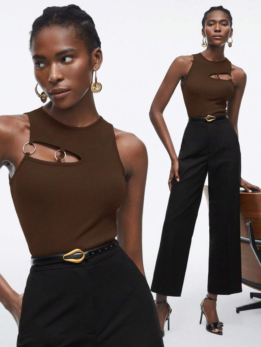 Maija 2025 Summer New Asymmetrical Cut-Out Hollow Round Metal Ring Decor Women's Vest Top, Business Casual Elegant Beach Resort Suitable For Wedding Guest, Countryside Music Festival, Breakfast, Airport Outfit, 90s Retro Stockholm Chic, Independence Day